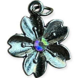 VTG Silver Tone Metal Cherry Blossom Flower Charm Pendant AB Rhinestone Small